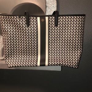 TORY BURCH BLACK GRAY WHITE LARGE TOTE BAG